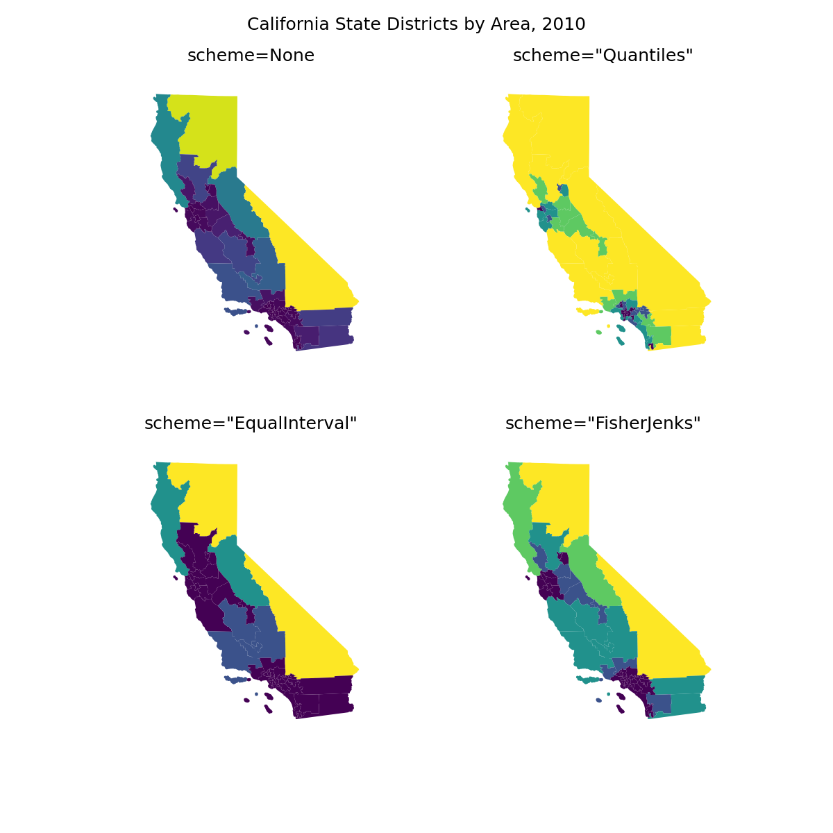 California State Districts by Area, 2010, scheme=None, scheme="Quantiles", scheme="EqualInterval", scheme="FisherJenks"