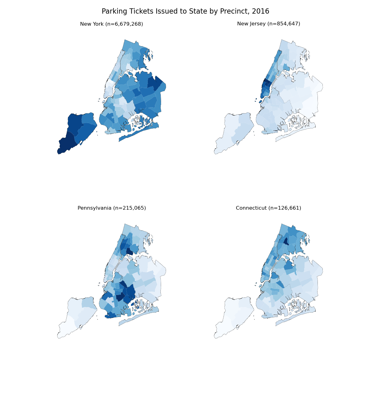 Parking Tickets Issued to State by Precinct, 2016, New York (n=6,679,268), New Jersey (n=854,647), Pennsylvania (n=215,065), Connecticut (n=126,661)